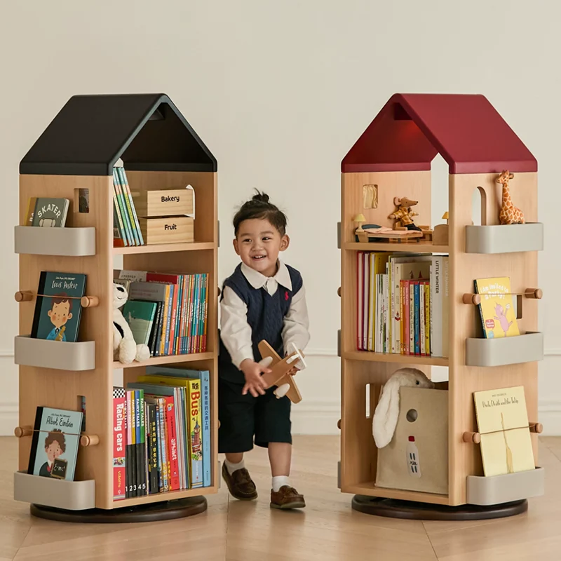 Solid Beech Wood Rotating Kids Bookshelf - Nordic Book Display Shelf With 360° Access And Multi-Level Storage For Books & Toys For Living Room