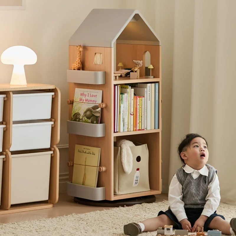 Solid Beech Wood Rotating Kids Bookshelf - Nordic Book Display Shelf With 360° Access And Multi-Level Storage For Books & Toys For Living Room