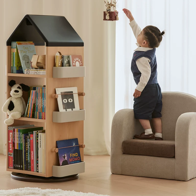 Solid Beech Wood Rotating Kids Bookshelf - Nordic Book Display Shelf With 360° Access And Multi-Level Storage For Books & Toys For Living Room