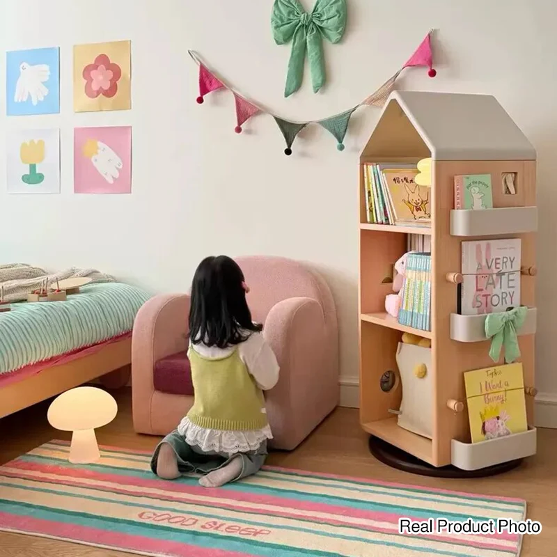 Solid Beech Wood Rotating Kids Bookshelf - Nordic Book Display Shelf With 360° Access And Multi-Level Storage For Books & Toys For Living Room