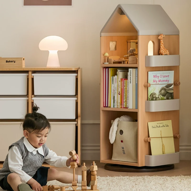 Solid Beech Wood Rotating Kids Bookshelf - Nordic Book Display Shelf With 360° Access And Multi-Level Storage For Books & Toys For Living Room