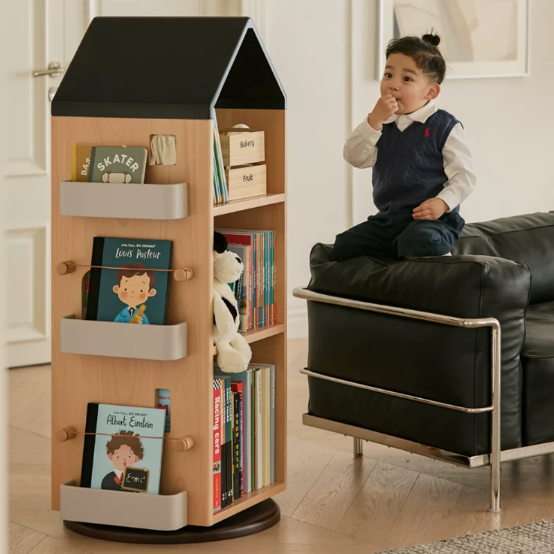 Solid Beech Wood Rotating Kids Bookshelf - Nordic Book Display Shelf With 360° Access And Multi-Level Storage For Books & Toys For Living Room
