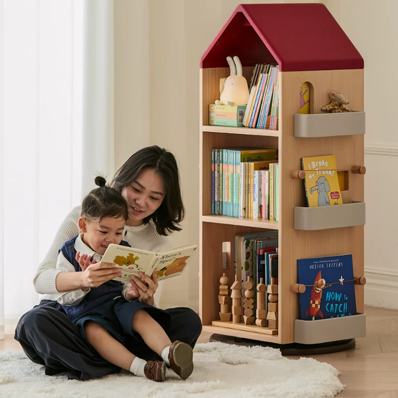 Solid Beech Wood Rotating Kids Bookshelf - Nordic Book Display Shelf With 360° Access And Multi-Level Storage For Books & Toys For Living Room