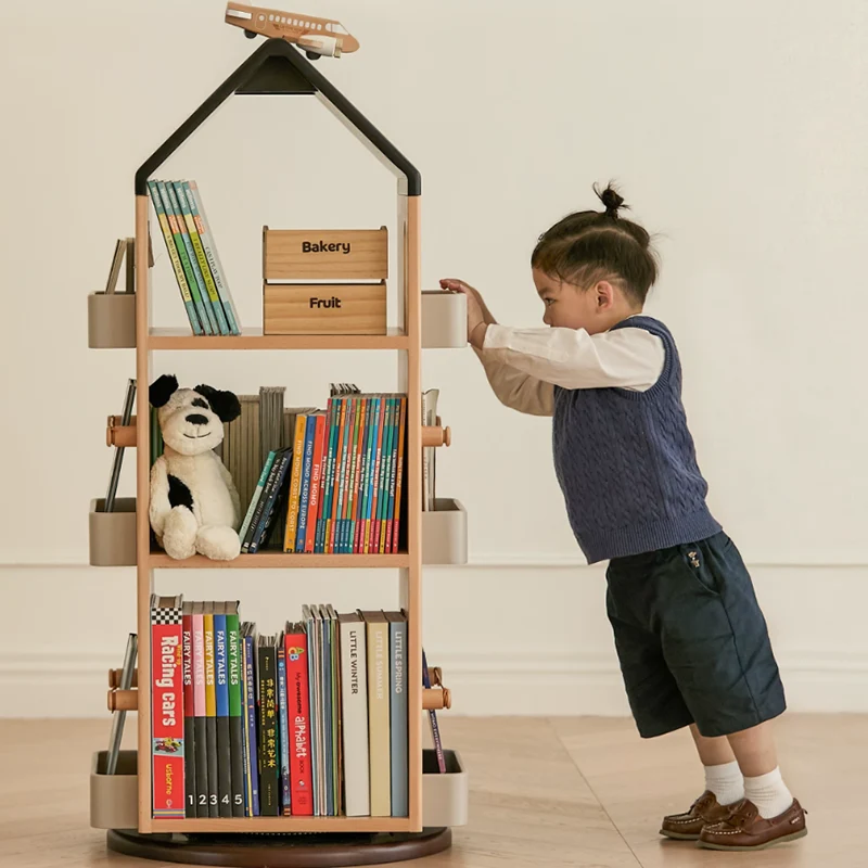 Solid Beech Wood Rotating Kids Bookshelf - Nordic Book Display Shelf With 360° Access And Multi-Level Storage For Books & Toys For Living Room