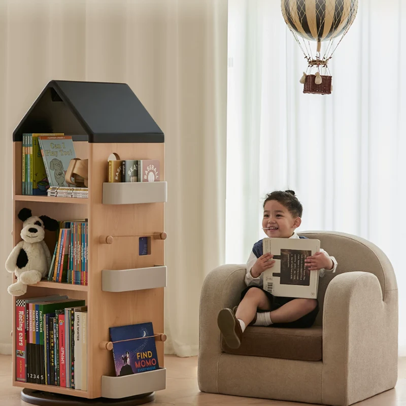 Solid Beech Wood Rotating Kids Bookshelf - Nordic Book Display Shelf With 360° Access And Multi-Level Storage For Books & Toys For Living Room