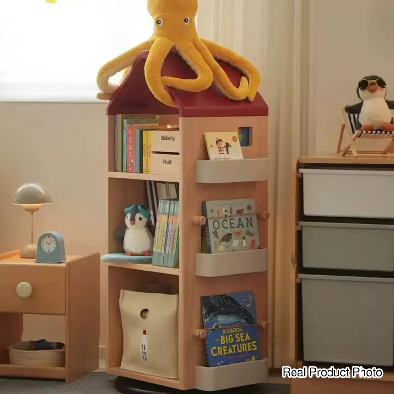 Solid Beech Wood Rotating Kids Bookshelf - Nordic Book Display Shelf With 360° Access And Multi-Level Storage For Books & Toys For Living Room