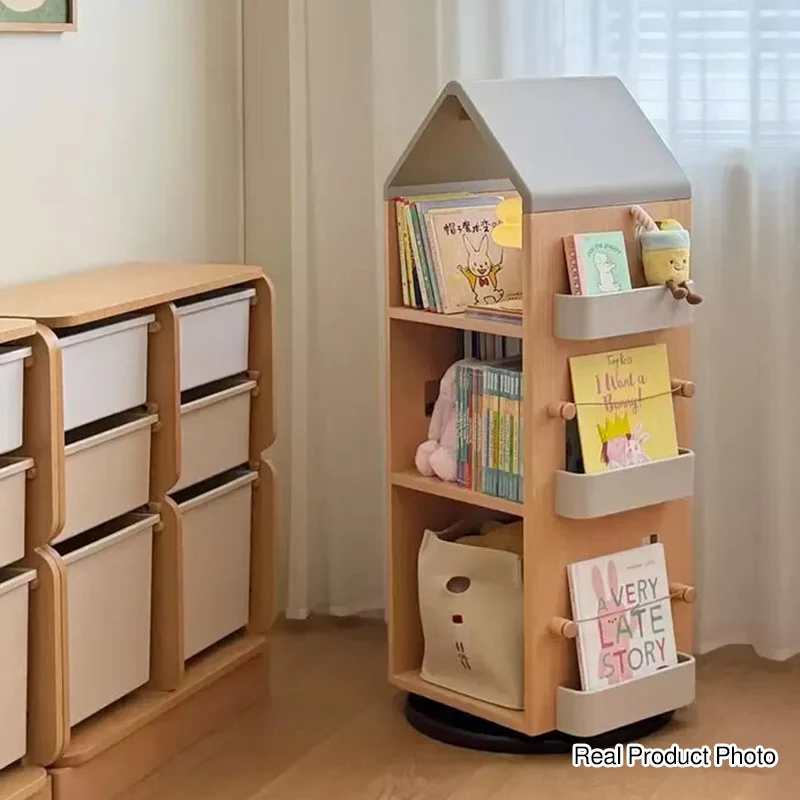 Solid Beech Wood Rotating Kids Bookshelf - Nordic Book Display Shelf With 360° Access And Multi-Level Storage For Books & Toys For Living Room