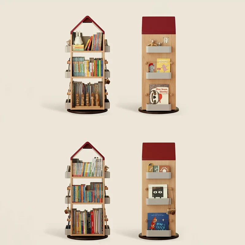 Solid Beech Wood Rotating Kids Bookshelf - Nordic Book Display Shelf With 360° Access And Multi-Level Storage For Books & Toys For Living Room