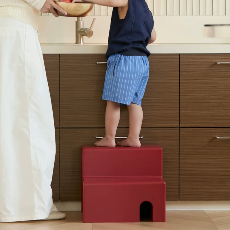 Beech Wood Cherry Wood Stable 2-Step Toddler Stool Kids Footstool - Nordic Stool With Rounded Corners & Easy-Carry Handles For Living Room