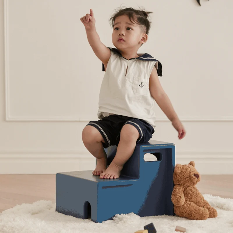 Beech Wood Cherry Wood Stable 2-Step Toddler Stool Kids Footstool - Nordic Stool With Rounded Corners & Easy-Carry Handles For Living Room