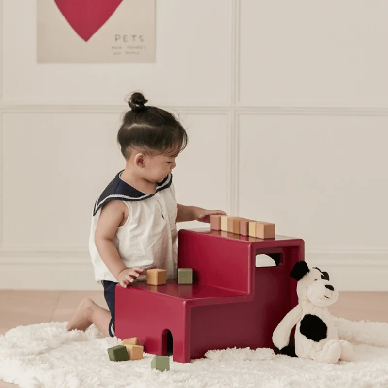 Beech Wood Cherry Wood Stable 2-Step Toddler Stool Kids Footstool - Nordic Stool With Rounded Corners & Easy-Carry Handles For Living Room