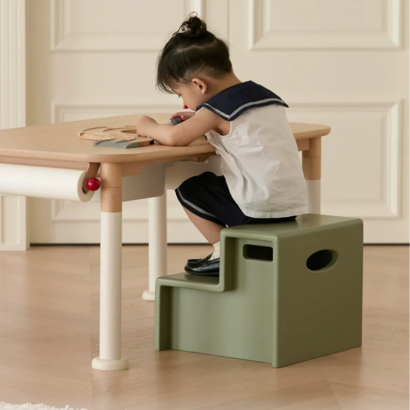 Beech Wood Cherry Wood Stable 2-Step Toddler Stool Kids Footstool - Nordic Stool With Rounded Corners & Easy-Carry Handles For Living Room