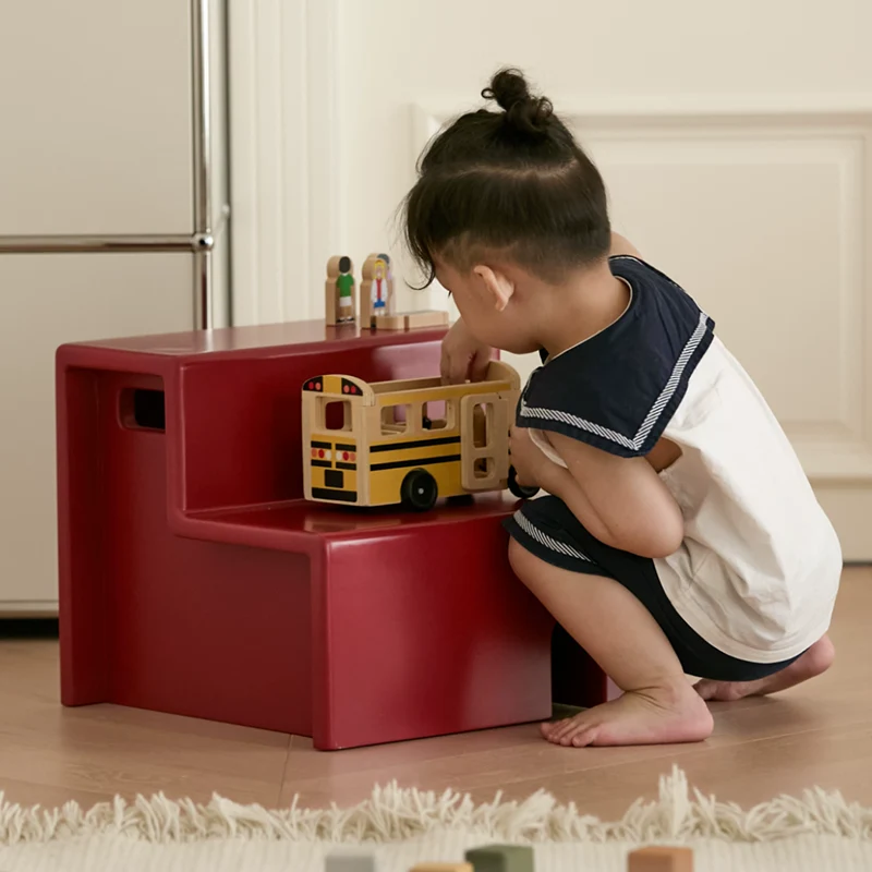 Beech Wood Cherry Wood Stable 2-Step Toddler Stool Kids Footstool - Nordic Stool With Rounded Corners & Easy-Carry Handles For Living Room