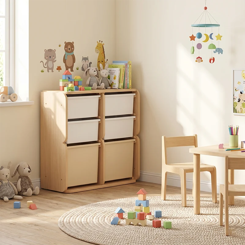 2 Large Drawers, 4 Small Drawers & Open Storage Shelves Large Capacity Kids Storage Cabinet - Minimalist Smooth Dual-Track Drawers & Eco-Friendly Wood Finish For Living Room