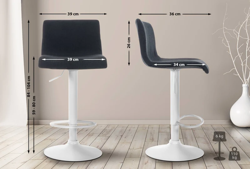 Tabouret de bar x1 avec repose-pieds pivotant dossier incurvé en tissu noir et métal blanc 10_0004981