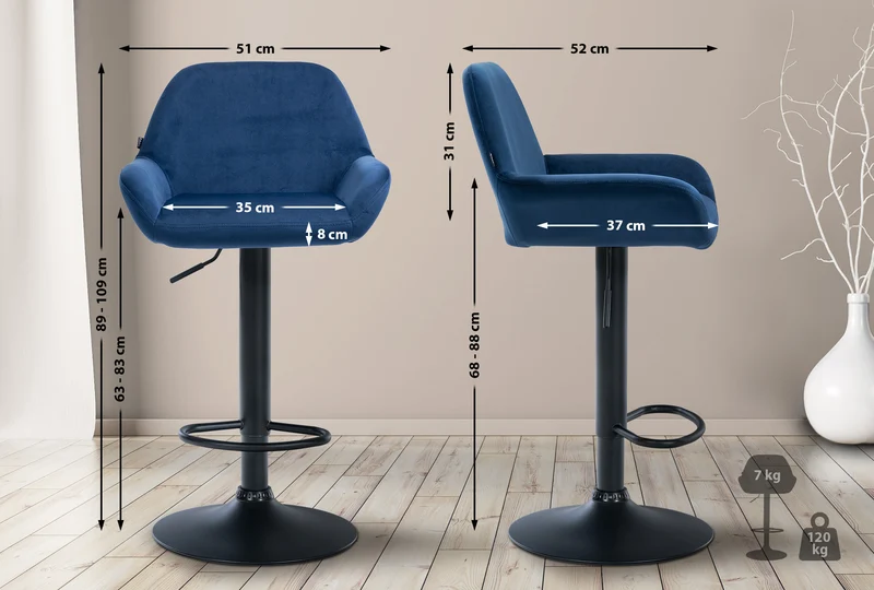 Lot de 2 tabourets de bar avec repose-pieds et accoudoirs en velours bleu piètement en trompette métal noir 10_0006744