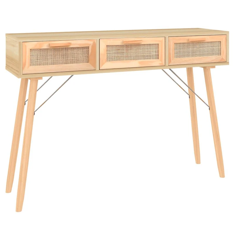 Meuble console d'entrée moderne table d'appoint avec tiroirs 105 x 30 x 75cm bois massif pin /rotin naturel brun DEC032038