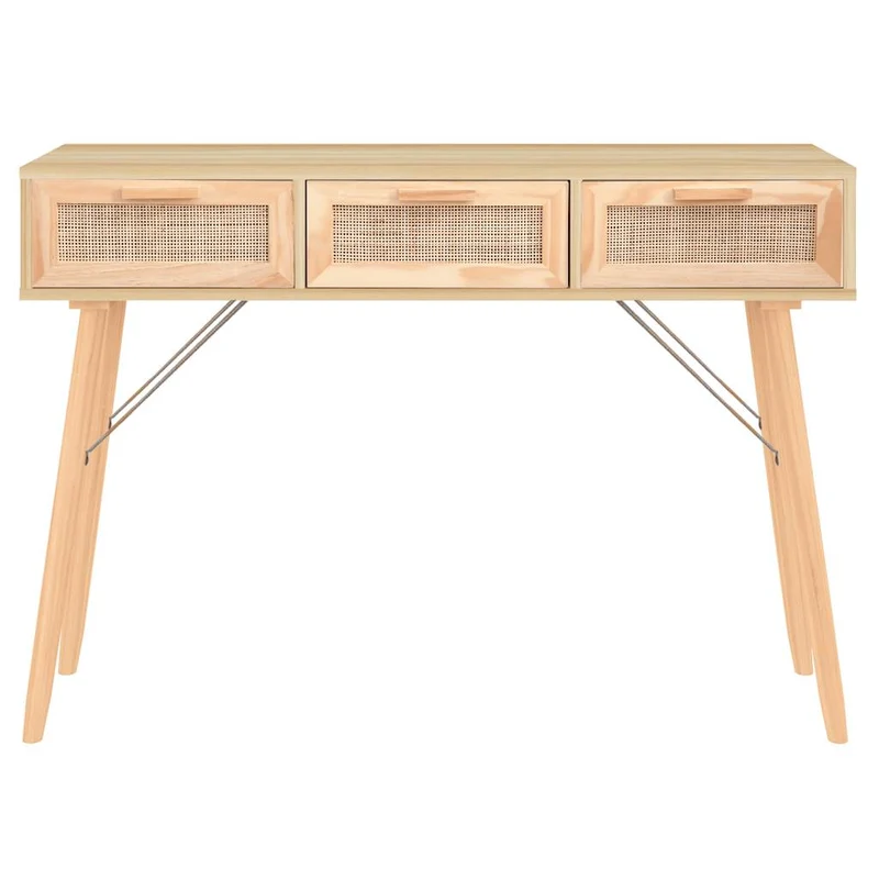 Meuble console d'entrée moderne table d'appoint avec tiroirs 105 x 30 x 75cm bois massif pin /rotin naturel brun DEC032038