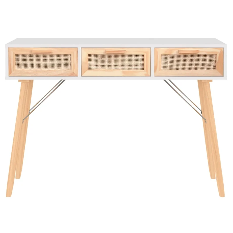 Meuble console d'entrée moderne avec tiroirs 105 x 30 x 75 cm bois massif pin /rotin naturel blanc DEC031685