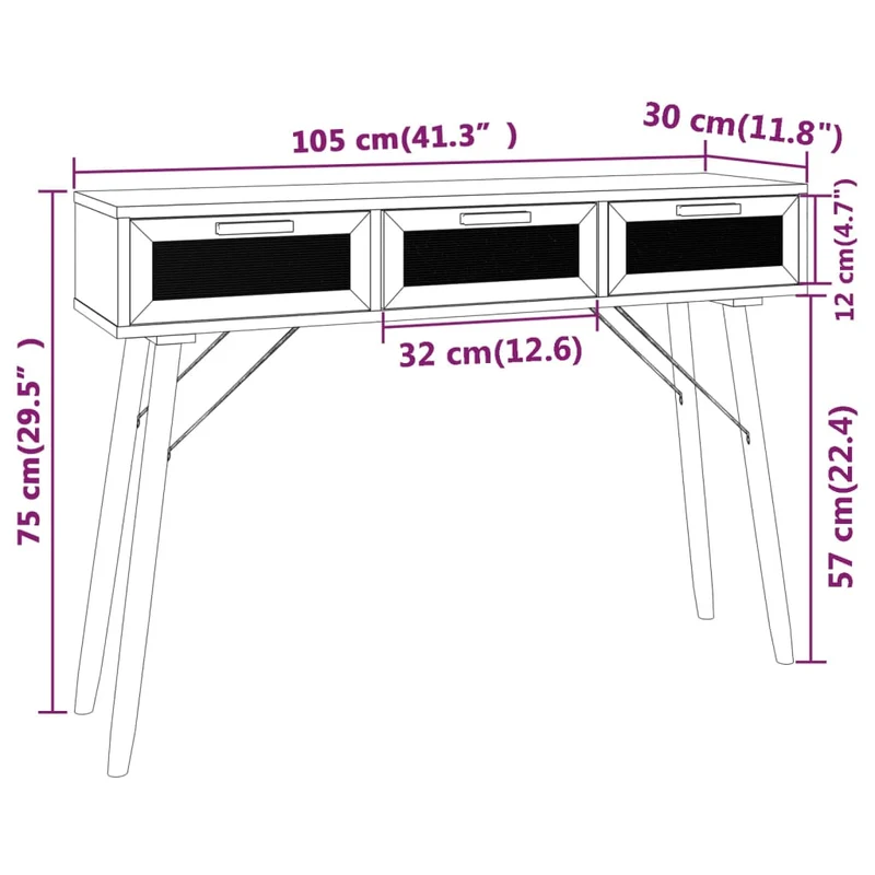 Meuble console d'entrée moderne avec tiroirs 105 x 30 x 75 cm bois massif pin /rotin naturel blanc DEC031685
