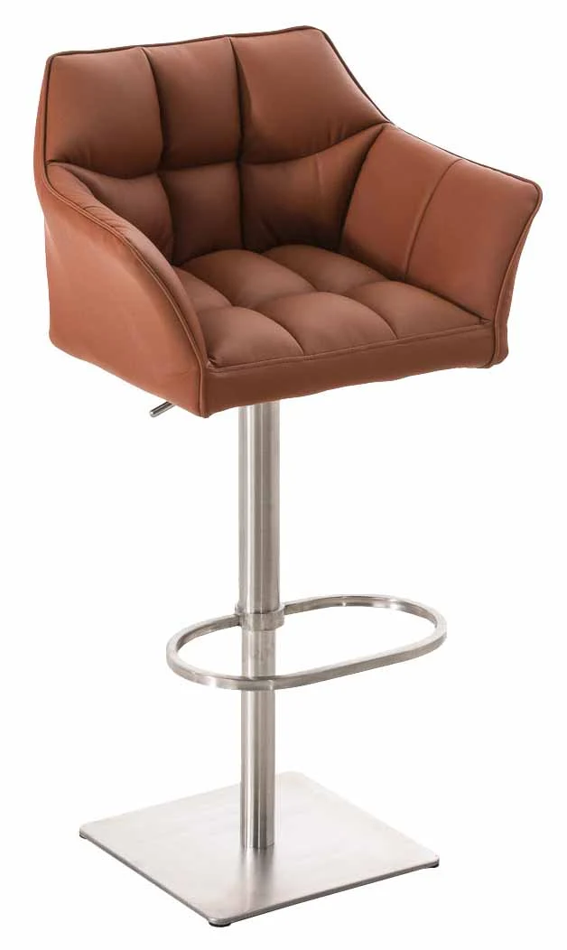 Lot de 2 tabourets de bar réglable en similicuir marron clair assise enveloppante capitonnée avec base carrée en acier inoxydable 10_0006385
