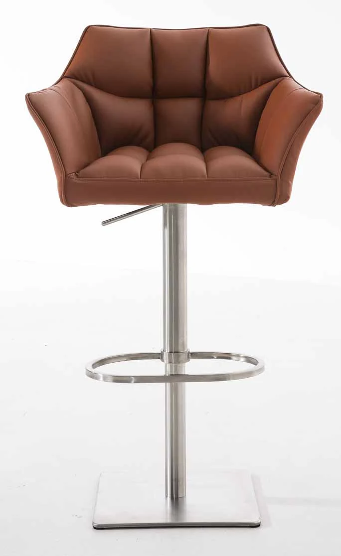 Lot de 2 tabourets de bar réglable en similicuir marron clair assise enveloppante capitonnée avec base carrée en acier inoxydable 10_0006385