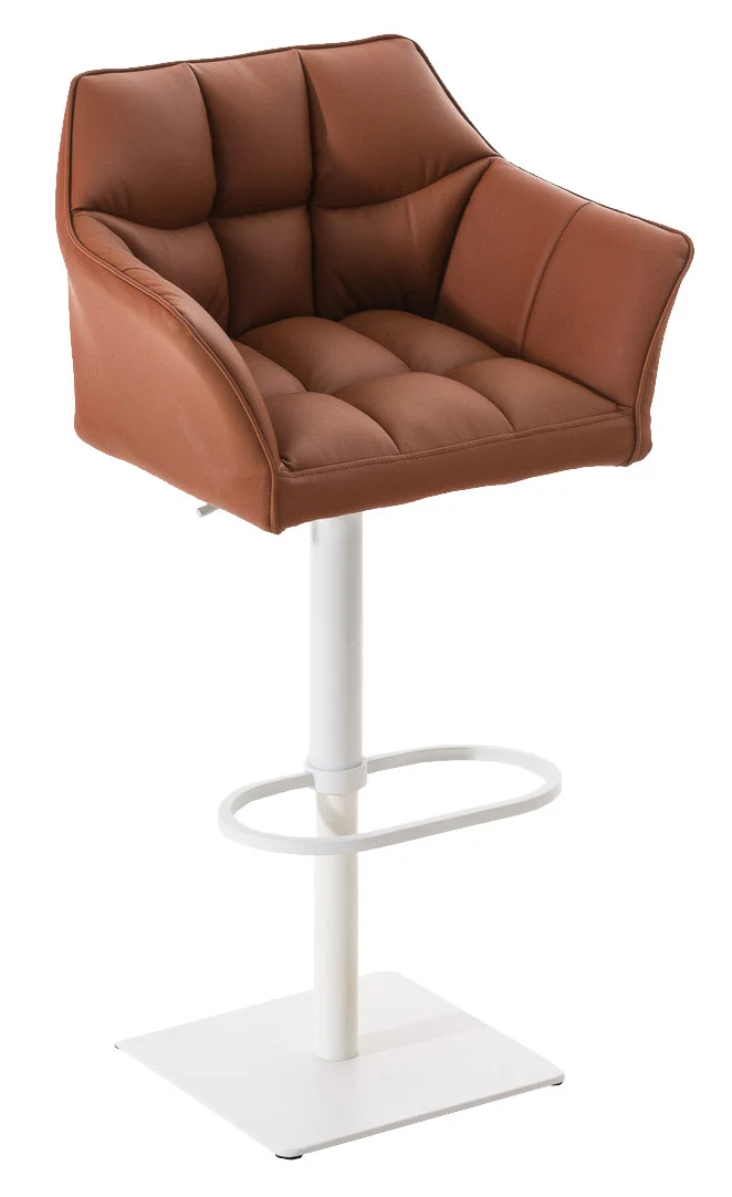 Lot de 2 tabourets de bar réglable ensimilicuir marron clair assise enveloppante capitonnée et avec base carrée en métal blanc 10_0006619