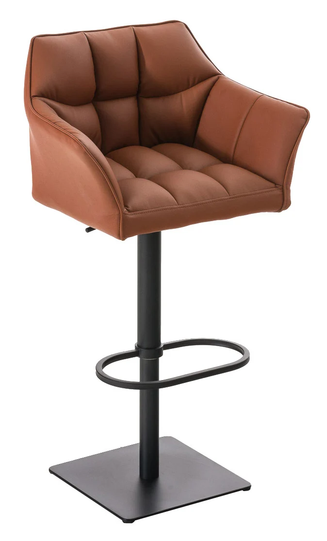 Lot de 2 tabourets de bar réglable en similicuir marron clair assise enveloppante capitonnée et avec base carrée en métal noir 10_0006386