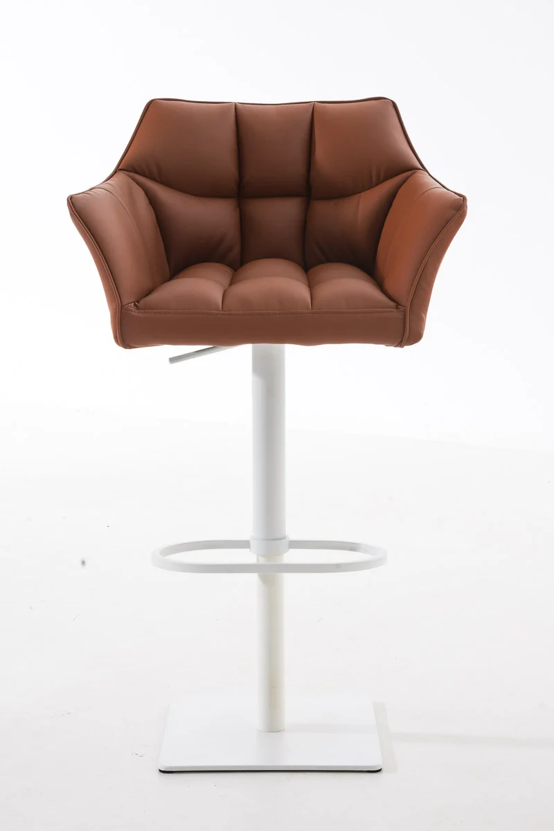 Tabouret de bar x1 réglable en similicuir marron clair assise enveloppante capitonnée avec base carrée en métal blanc 10_0006302