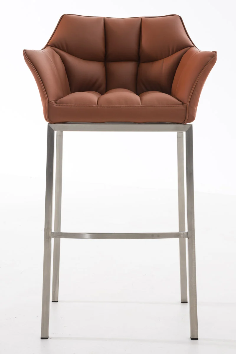 Tabouret de bar x1 assise enveloppante capitonnée en similicuir marron clair avec structure à 4 pieds en acier inoxydable 10_0006219