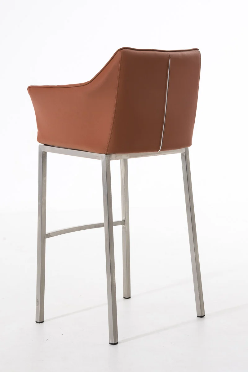 Tabouret de bar x1 assise enveloppante capitonnée en similicuir marron clair avec structure à 4 pieds en acier inoxydable 10_0006219