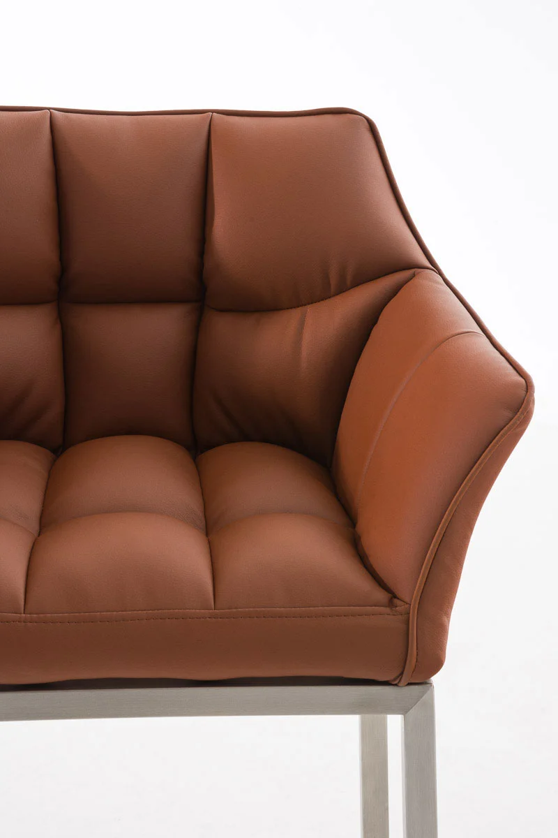 Tabouret de bar x1 assise enveloppante capitonnée en similicuir marron clair avec structure à 4 pieds en acier inoxydable 10_0006219