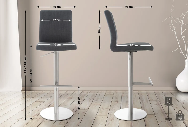 Lot de 2 tabourets de bar avec repose-pieds et dossier assise en tissu gris foncé cadre acier inoxydable 10_0006582