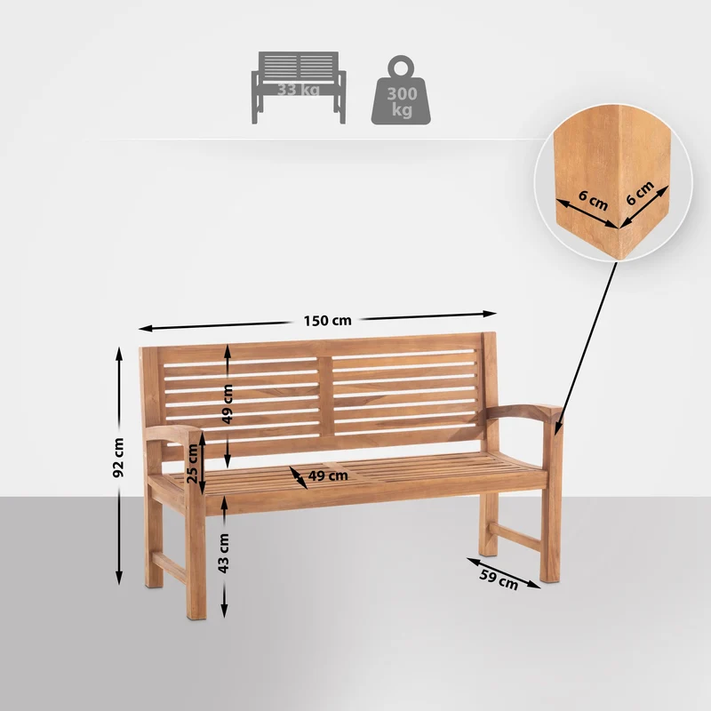 Banc de jardin en teck massif avec dossier à barreaux et accoudoirs – 150 cm 10_0008622