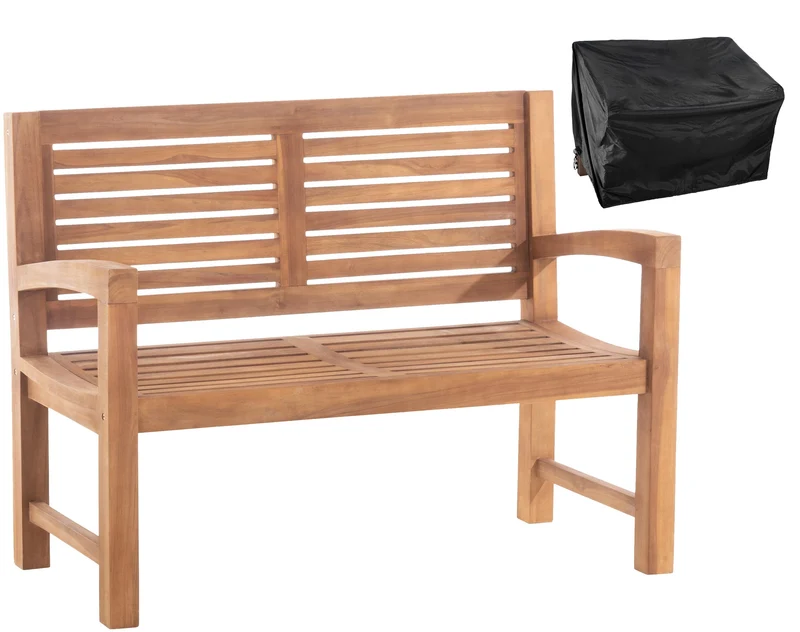 Banc de jardin dossier à lattes droites 120 cm en bois de teck avec accoudoirs – Housse de protection incluse 10_0007985