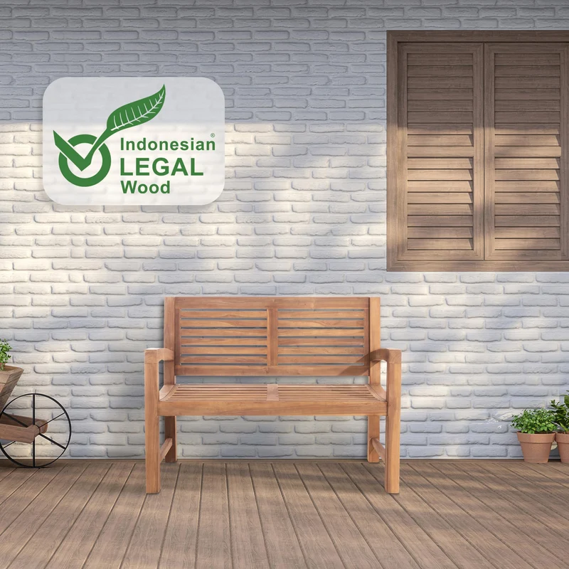 Banc de jardin dossier à lattes droites 120 cm en bois de teck avec accoudoirs – Housse de protection incluse 10_0007985