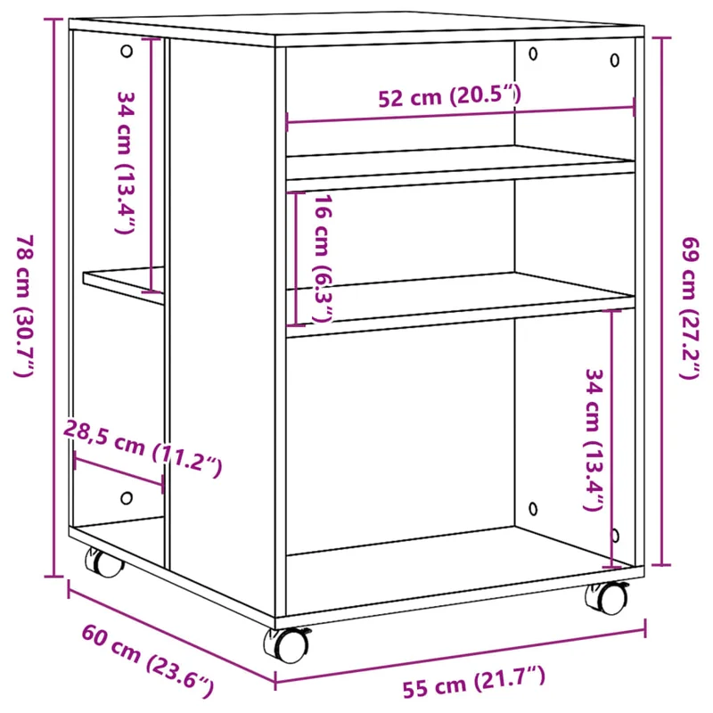 Table d'appoint sur roulettes deux étagères et espace de rangement en bois d'ingénierie couleur chêne fumé DEC024614