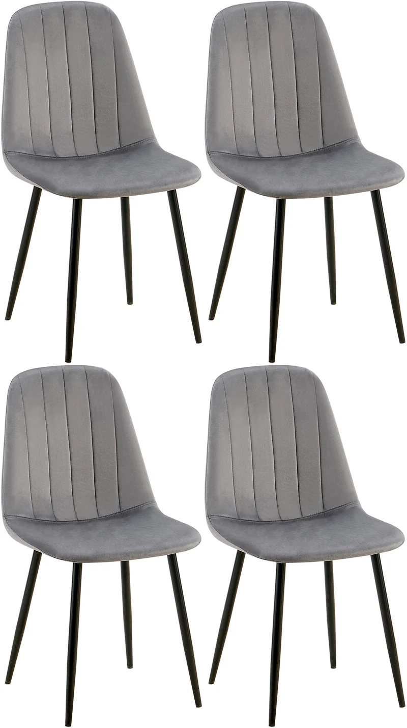 Set de 4 chaises de salle à manger coutures décoratives verticales assise en velours gris pieds en métal noir 10_0001755