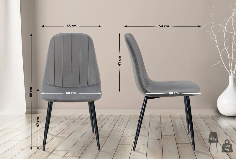 Set de 4 chaises de salle à manger coutures décoratives verticales assise en velours gris pieds en métal noir 10_0001755