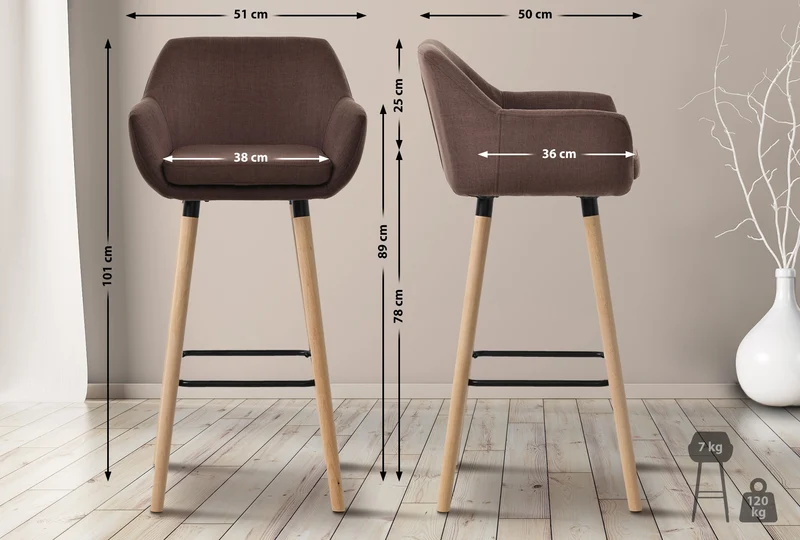 Tabouret de bar lounge x1 design scandinave assise en tissu couleur café pieds en bois repose-pieds en métal 10_0004919