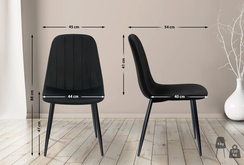 Set de 4 chaises de salle à manger coutures décoratives verticales en velours noir et métal noir 10_0001757