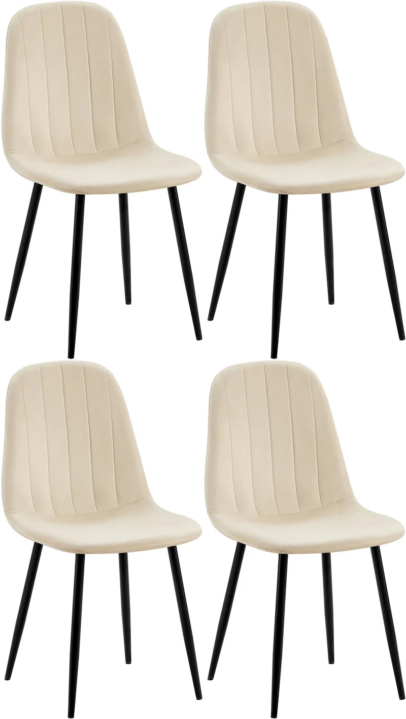 Set de 4 chaises de salle à manger coutures décoratives verticales assise en velours crème pieds en métal noir 10_0001751