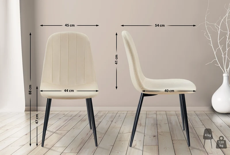Set de 4 chaises de salle à manger coutures décoratives verticales assise en velours crème pieds en métal noir 10_0001751