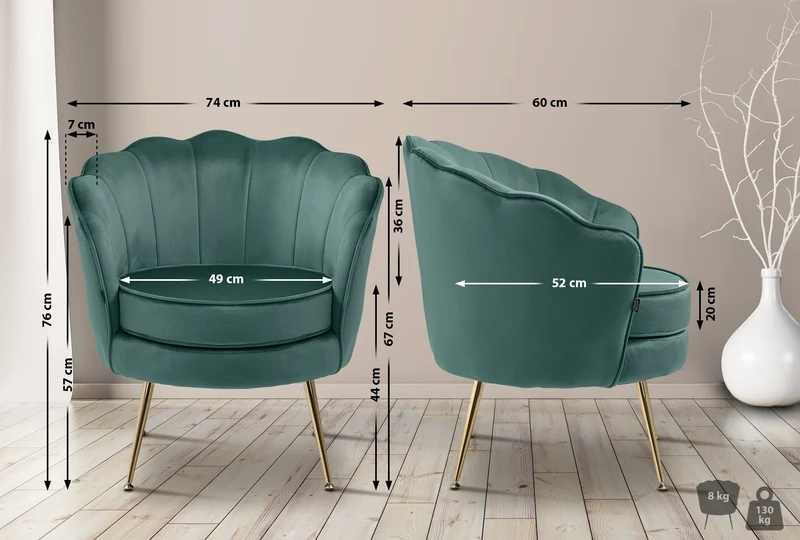 Fauteuil lounge chaise de chaise rembourrée avec coutures décoratives revêtement en velours vert et pieds métal doré FAL101556