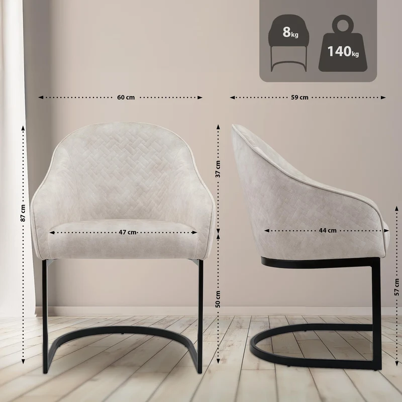 Chaise de salle à manger design dossier arrondi enveloppant assise rembourrée velours crème et piètement luge métal 10_0008496