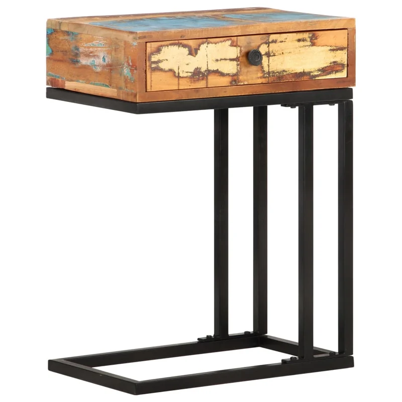 Table d'appoint bout de canapé avec tiroir 45 x 30 x 61 cm bois de récupération massif multicolore et acier DEC032436