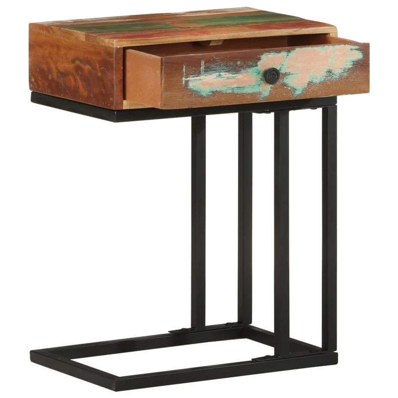 Table d'appoint bout de canapé avec tiroir 45 x 30 x 61 cm bois de récupération massif multicolore et acier DEC032436