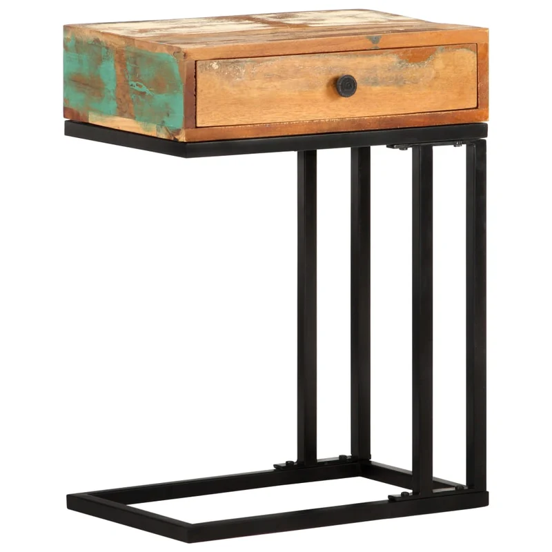 Table d'appoint bout de canapé avec tiroir 45 x 30 x 61 cm bois de récupération massif multicolore et acier DEC032436