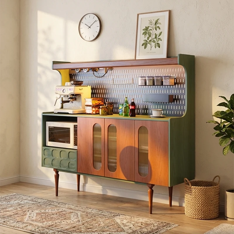 Traditional French Ash Wood & Plywood Sideboard Cabinet - 3 Door Storage Cabinet With Metal Pegboard, Drawer & Glass Doors