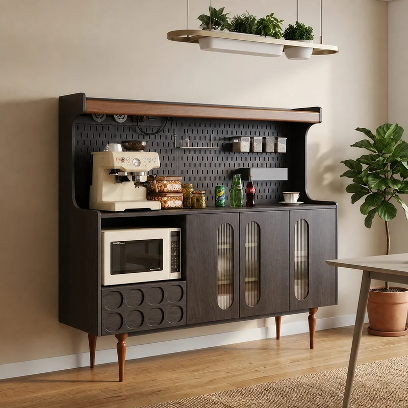 Traditional French Ash Wood & Plywood Sideboard Cabinet - 3 Door Storage Cabinet With Metal Pegboard, Drawer & Glass Doors